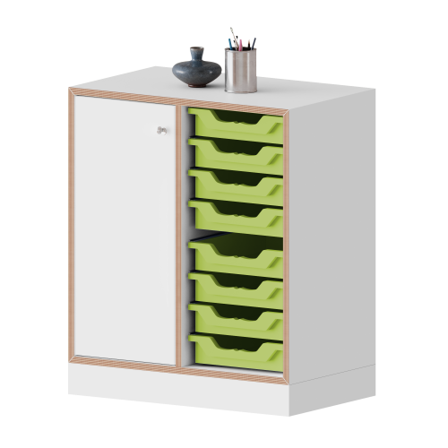 Produkt Bild qickly® Schrank, 2 Ordnerhöhen, 1 Tür links mit Schloss, 8 kleine Ergo Tray Boxen SLS22LK